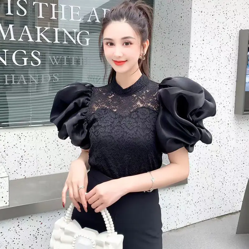 

Fashion Short Sleeve White Lace Blouse Shirt Women Tops Blusas Mujer De Moda 2025 Elegantes Stand Collar Blouse Blusa Summer New