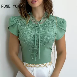 Women Chic Solid Rounf Neck Lace Up Short Sleeves Lace Patchwork Bodycon Sexy Blouse Tops