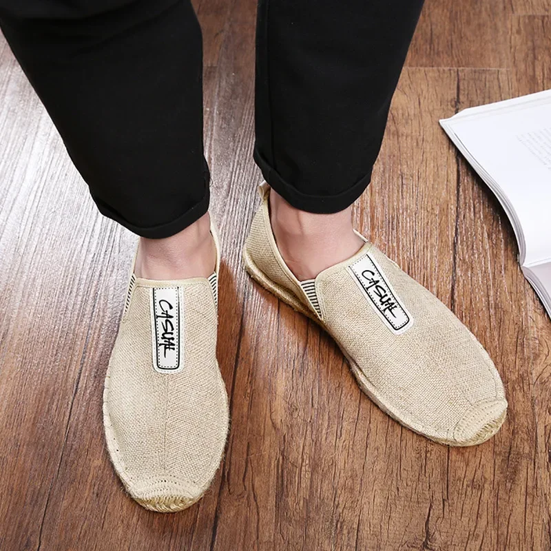 Linen Male Casual Shoes Loafers Mens Flats Weaving Fisherman Shoes Men\'s Handmade Flats Espadrilles Elegant Driving Shoes Men