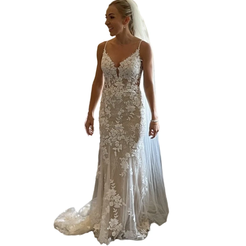 Abiti da sposa a sirena in pizzo bohemien Abiti da sposa estivi da spiaggia senza maniche senza spalline Abito lungo da sposa senza schienale