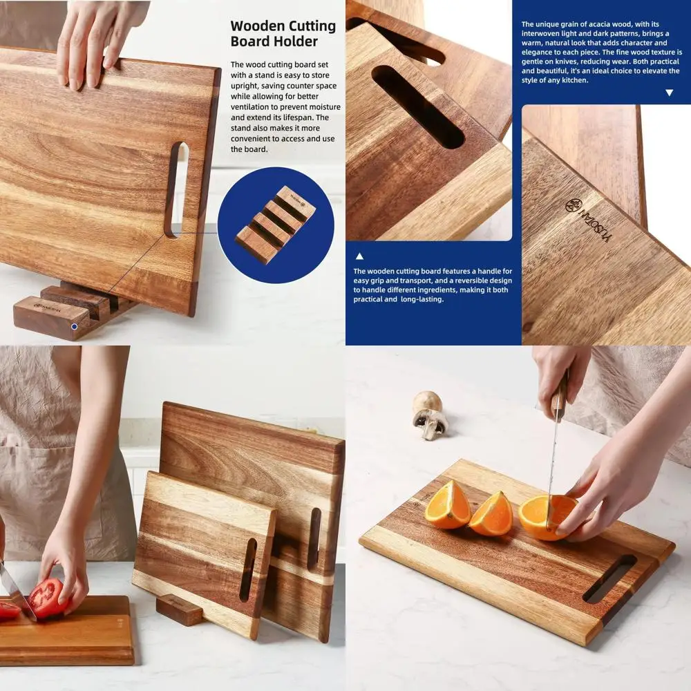 

Acacia Wood 3-Piece Kitchen Cutting Board Set with Handle, Thick Chopping Boards for Meat, Fruits, Vegetables, and Cheese