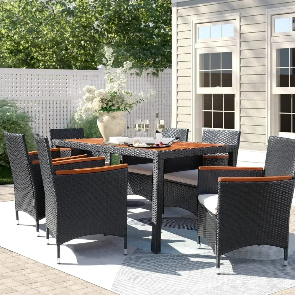 Patio Furniture Sets, 7 Piece Patio Dining Set Outdoor Acacia Wood Table and Chairs with Soft Cushions, Outdoor Furniture Sets