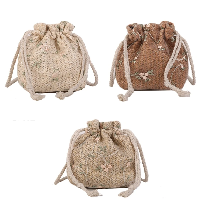 

Summer Small Shoulder Bag Straw Bucket Bag Drawstring Handbag for Beach Party