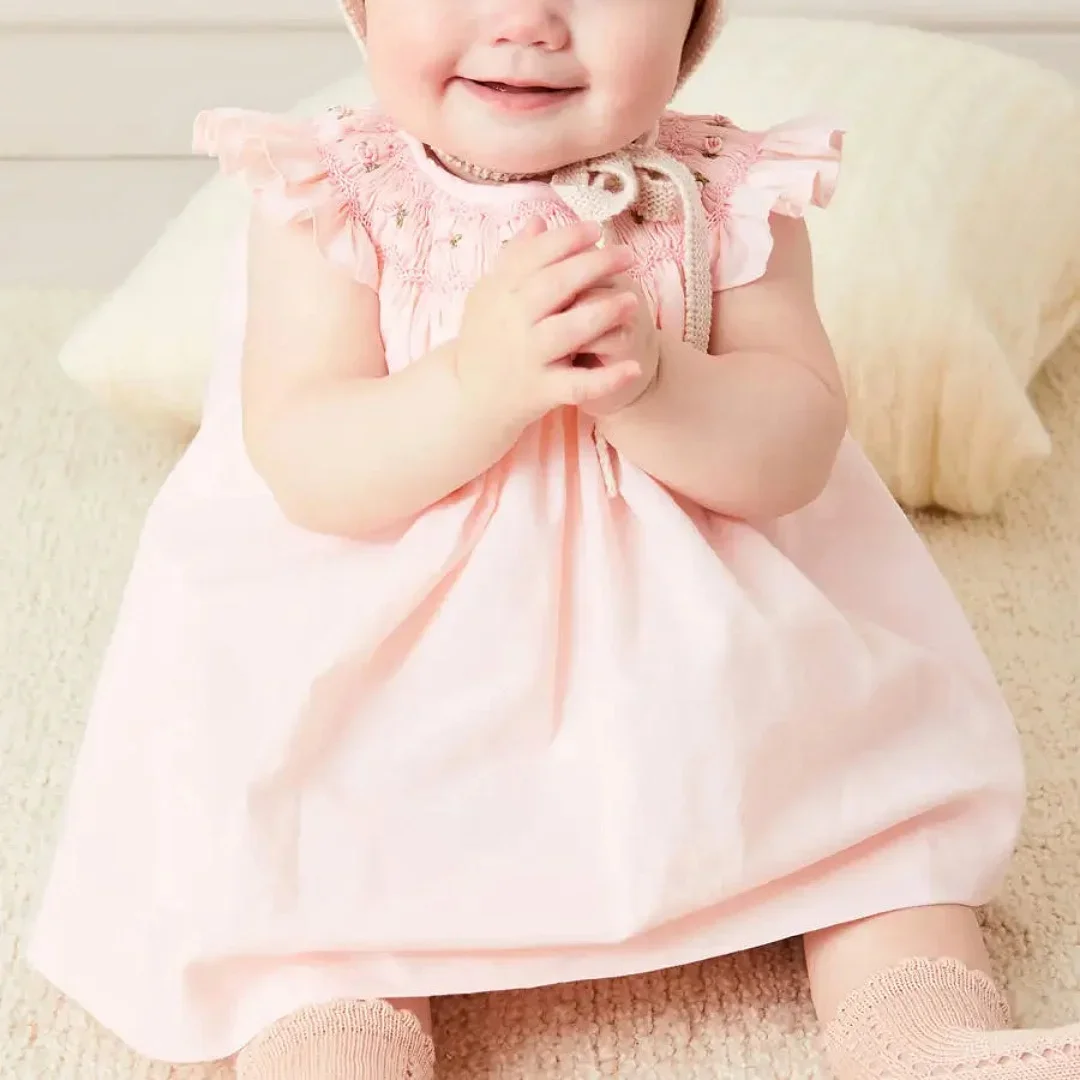 

Cute Girls Hand Smocked Dress Sleeveless Embroidered Flower O-Neck Newborn Kids Clothes Set 2Pcs Toddler Summer Birthday Sets