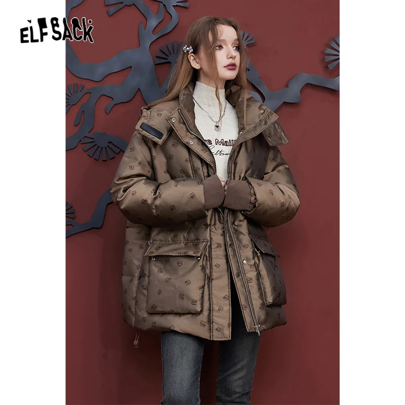 ELFSACK Brown Down Coats Women 2023 Winter Loose Mid-length Designed Jackets