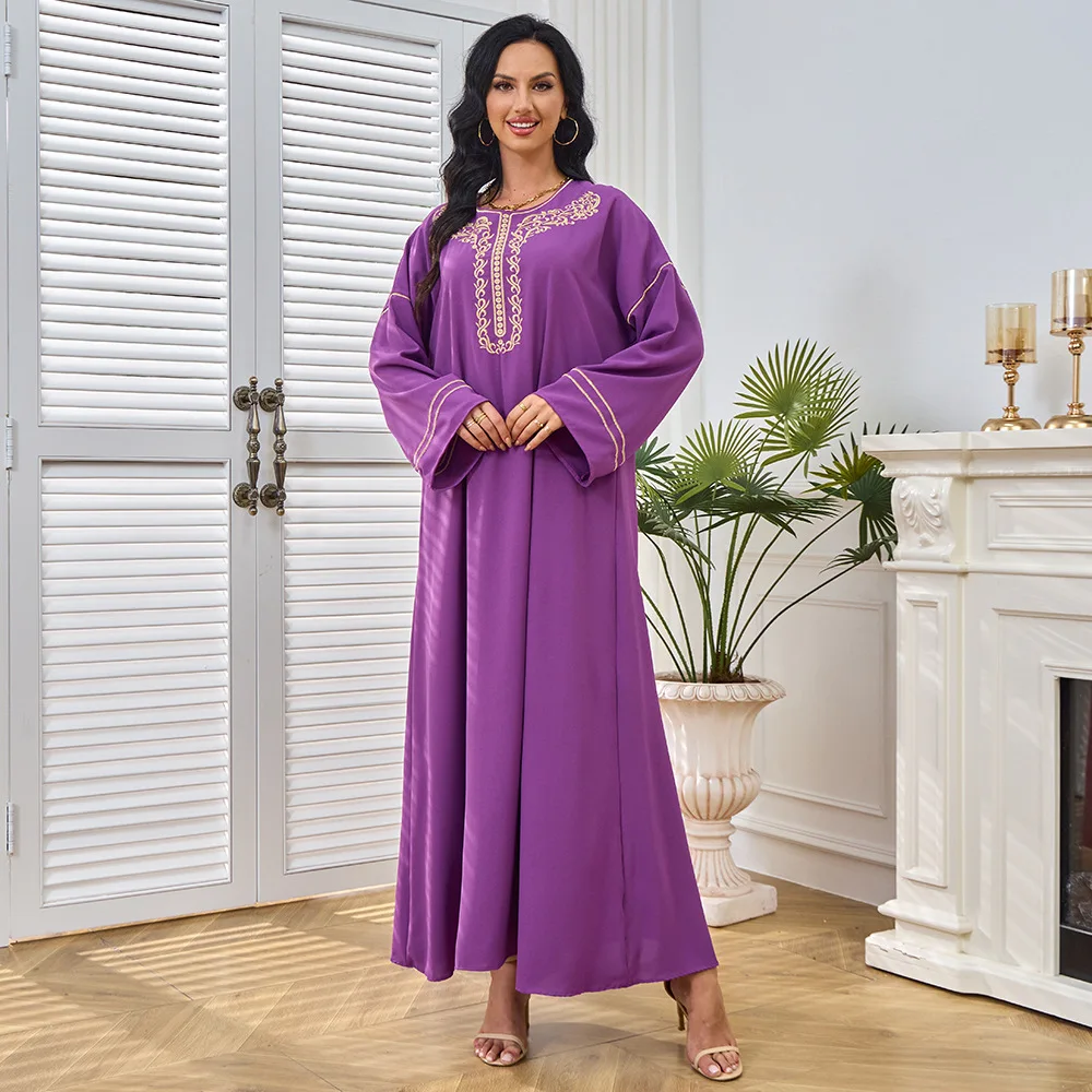 Evening Dress Muslim Women's Summer New Fashion Solid Color Embroidered Saudi Robe Dress for Women