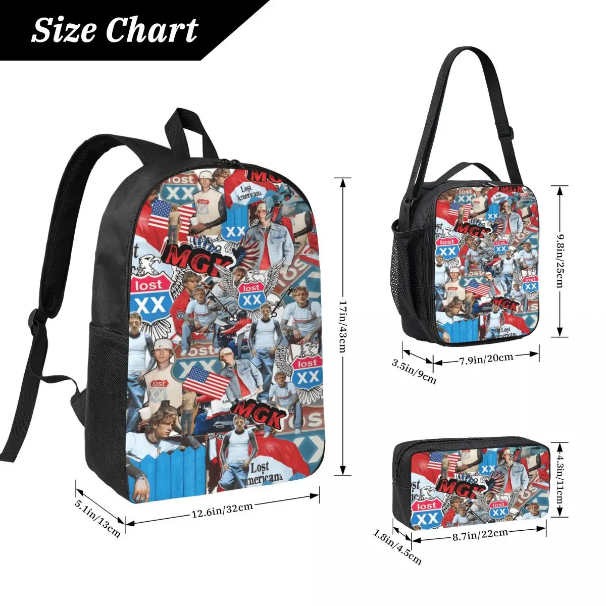 MGK Lost Americana Tour merch Backpack Set for Kids Pencil Boxes Bookbag Sets with Lunch Box For School Students Daypack
