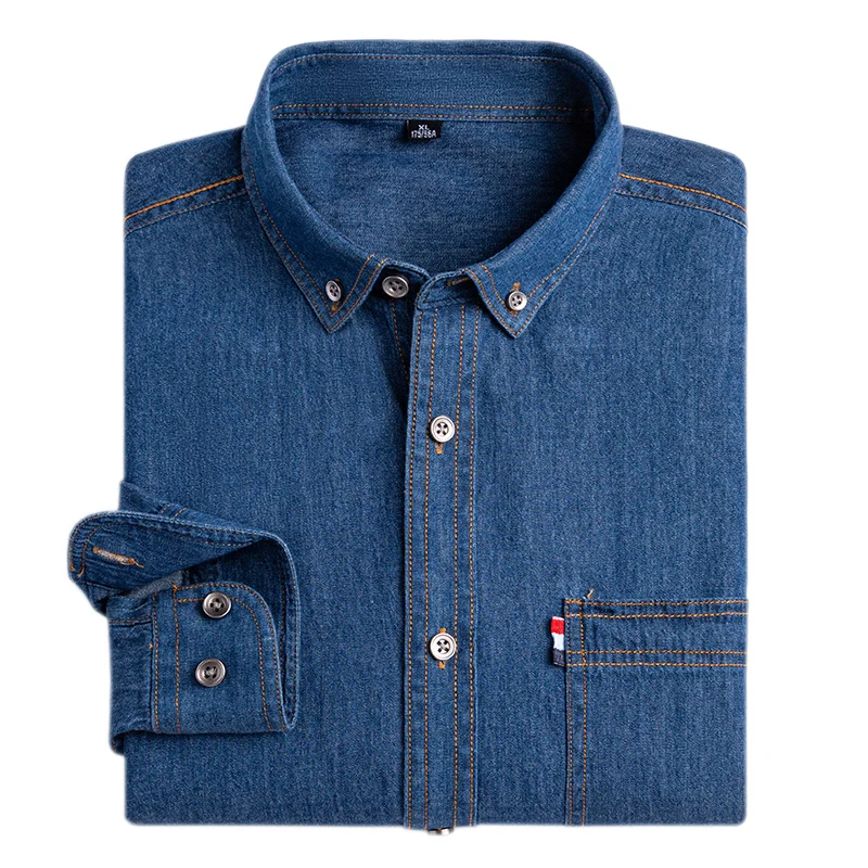 Nowe, dżinsowe koszule męskie bawełniane długie guzik na rękawie przednia kieszeń Casual odzież uliczna Slim Fit sukienka jeansowa wiosenne jesienne odzież młodzieżowa — zdjęcie 2