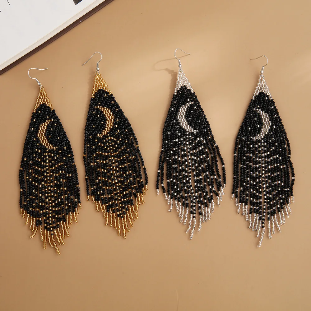 Black Bohemia Alloy Earrings with Tassel Moon Baby's Breath Simple Hand Knitted Fashion Versatile Beaded Jewelry Rice Bead