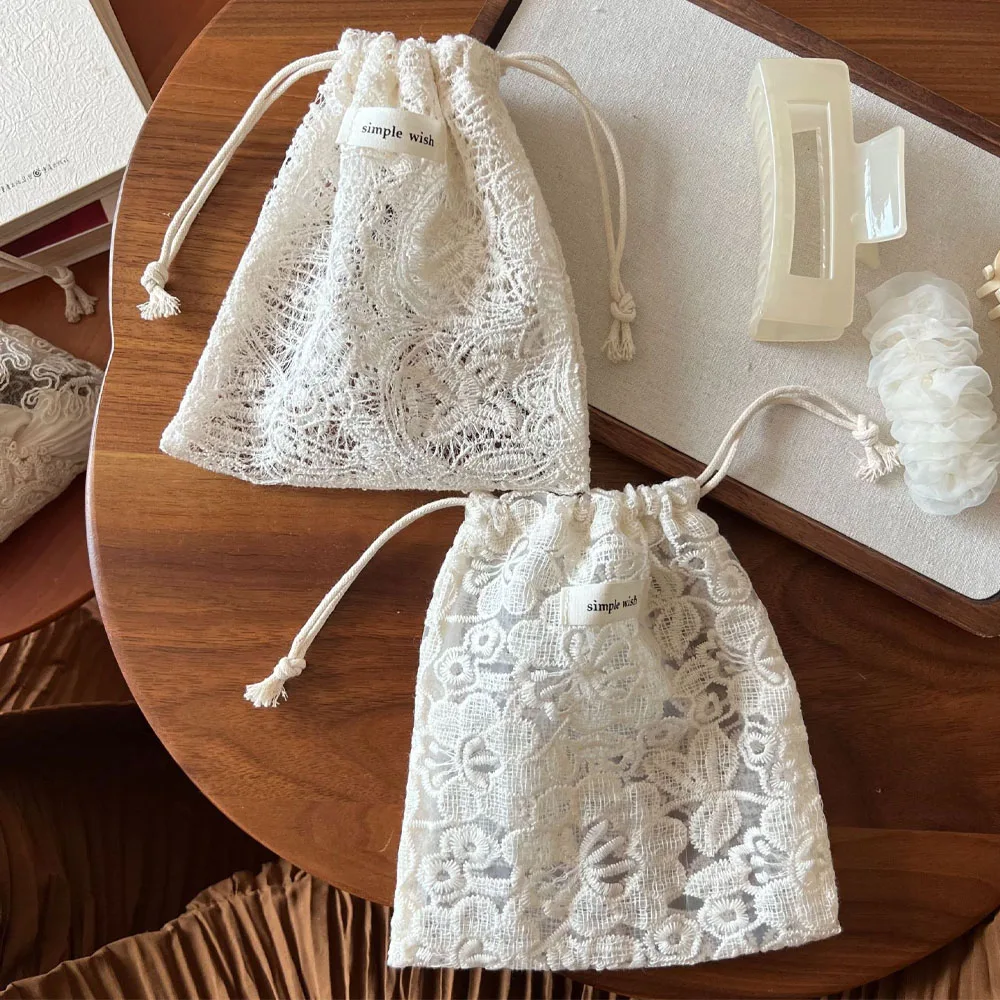Beige Lace Embroidered Storage Bags Hollow Out Flower Drawstring Makeup Storage Pouch Bag Small Accessories Bag Travel Organizer