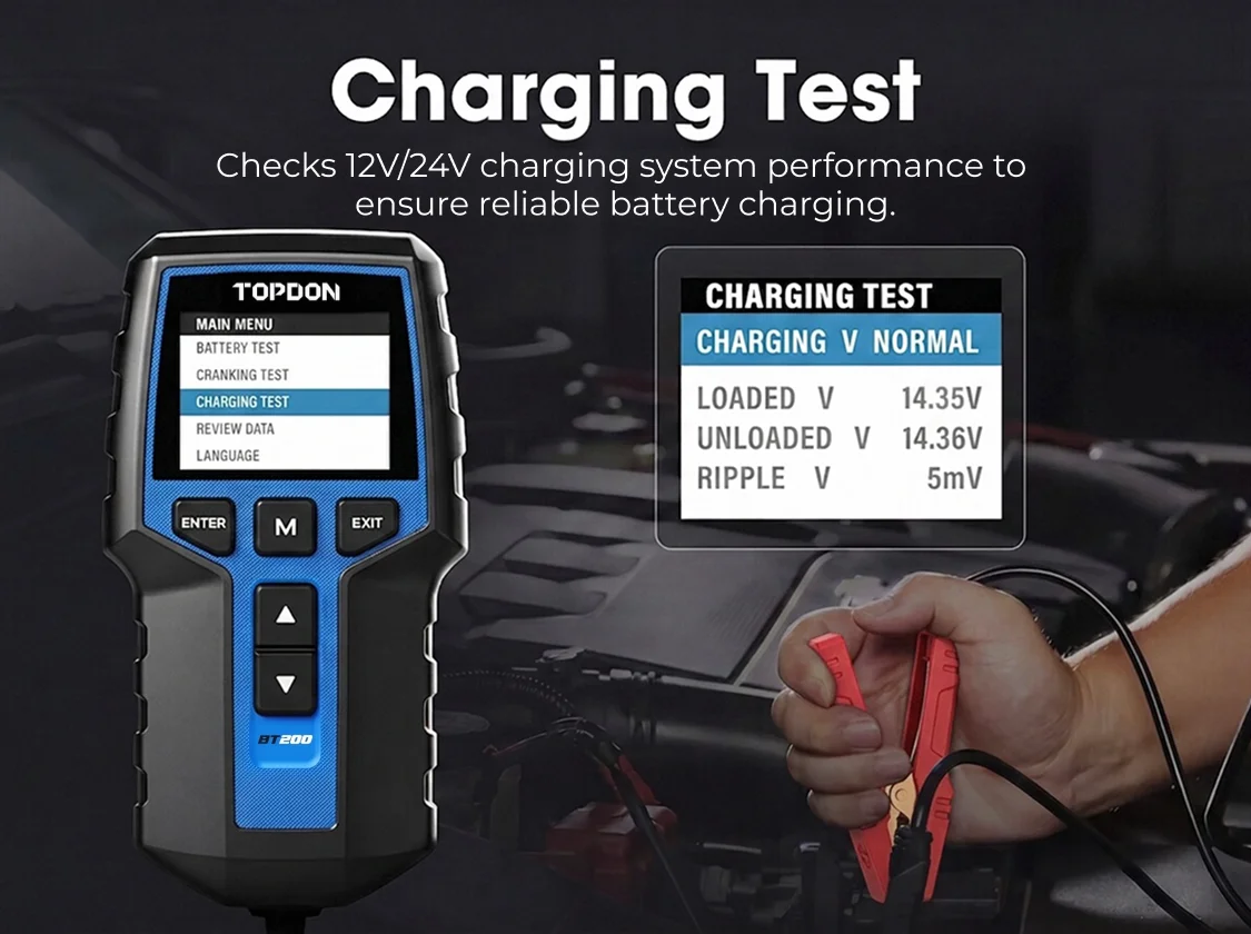 TOPDON BT200 Portable Battery Tester Charging Cranking Test Tools for Car 12V Automotive Diagnostic Battery Monitor 100-2000CCA