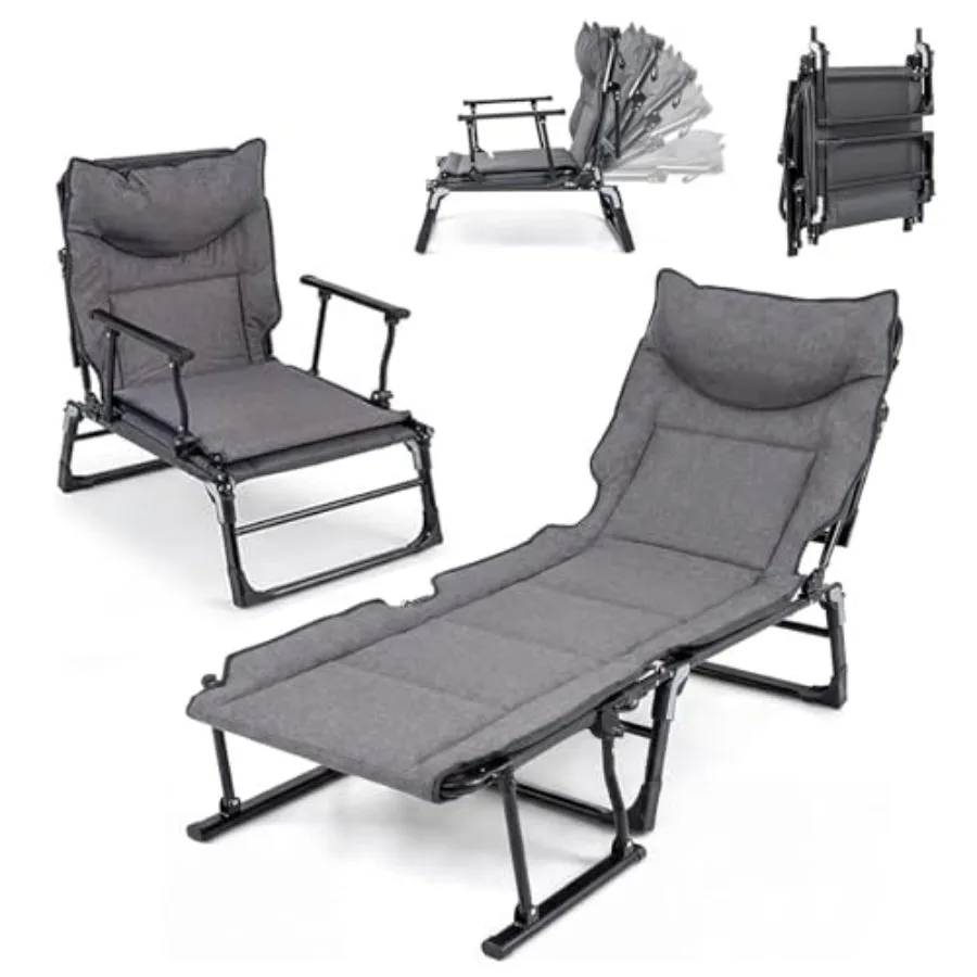 

Outdoor Convertible Lounge Chair with Pad and Pillow, Aluminum Frame, Gray, 6-Level Adjustable Heavy-Duty 440 LBS Portable Camp