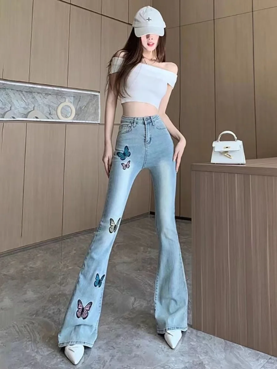 High Waist Light Wash Denim Jeans Women's Summer Design  Embroidery Slimming Peach Butt Micro Flared Pants