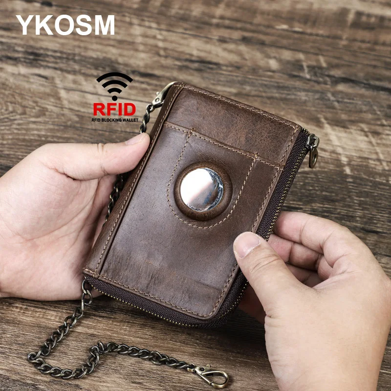 Genuine Leather Airtag Wallet RFID Zipper Purses With Airtags Holder Men Anti-lost Air Tag Card Bag With Keychain Dropshipping