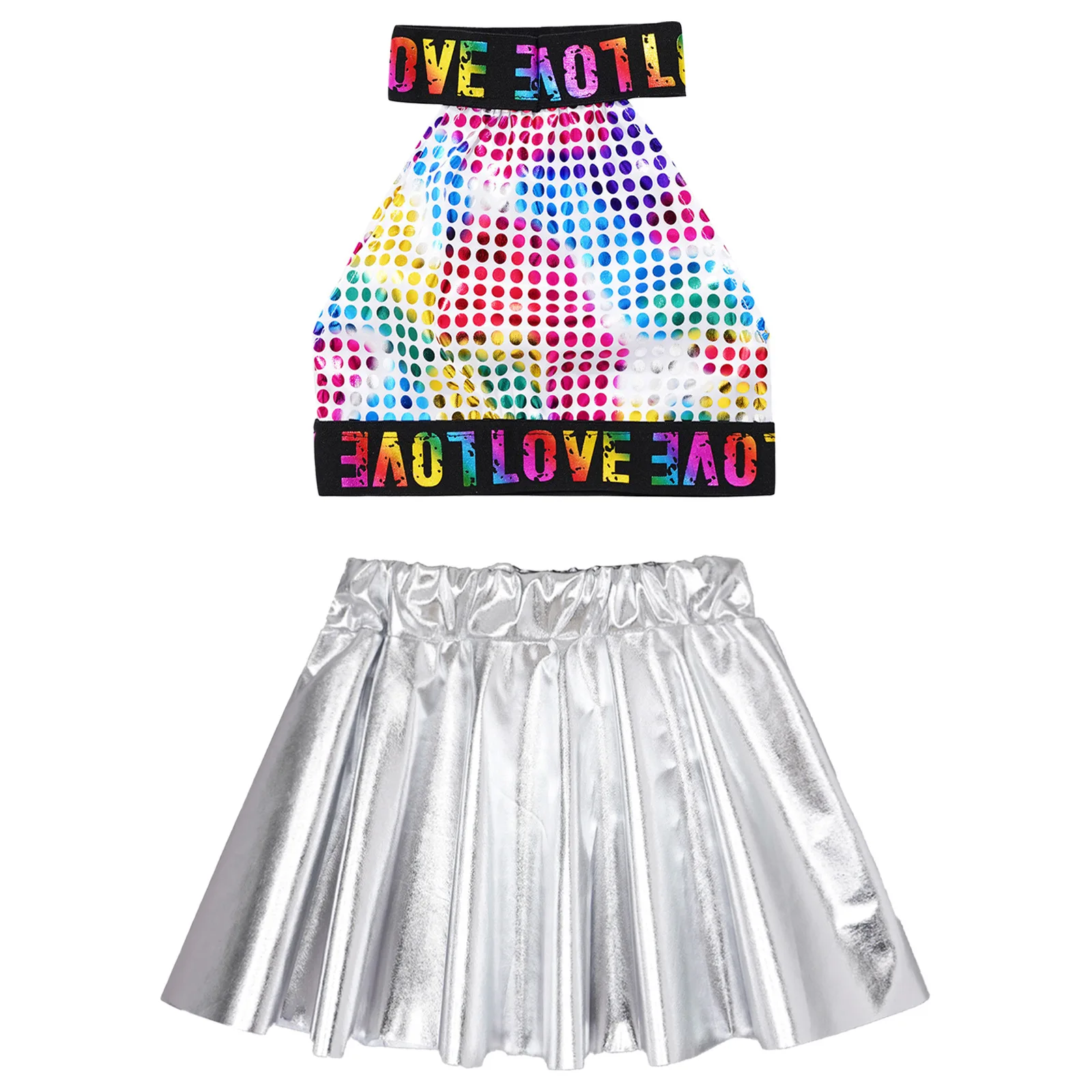 Kid Girls Hip Hop Jazz Dance Costume Sleeveless Shiny Sequin Crop Top with Skirt Cheerleading Stage Performance Outfit Dancewear