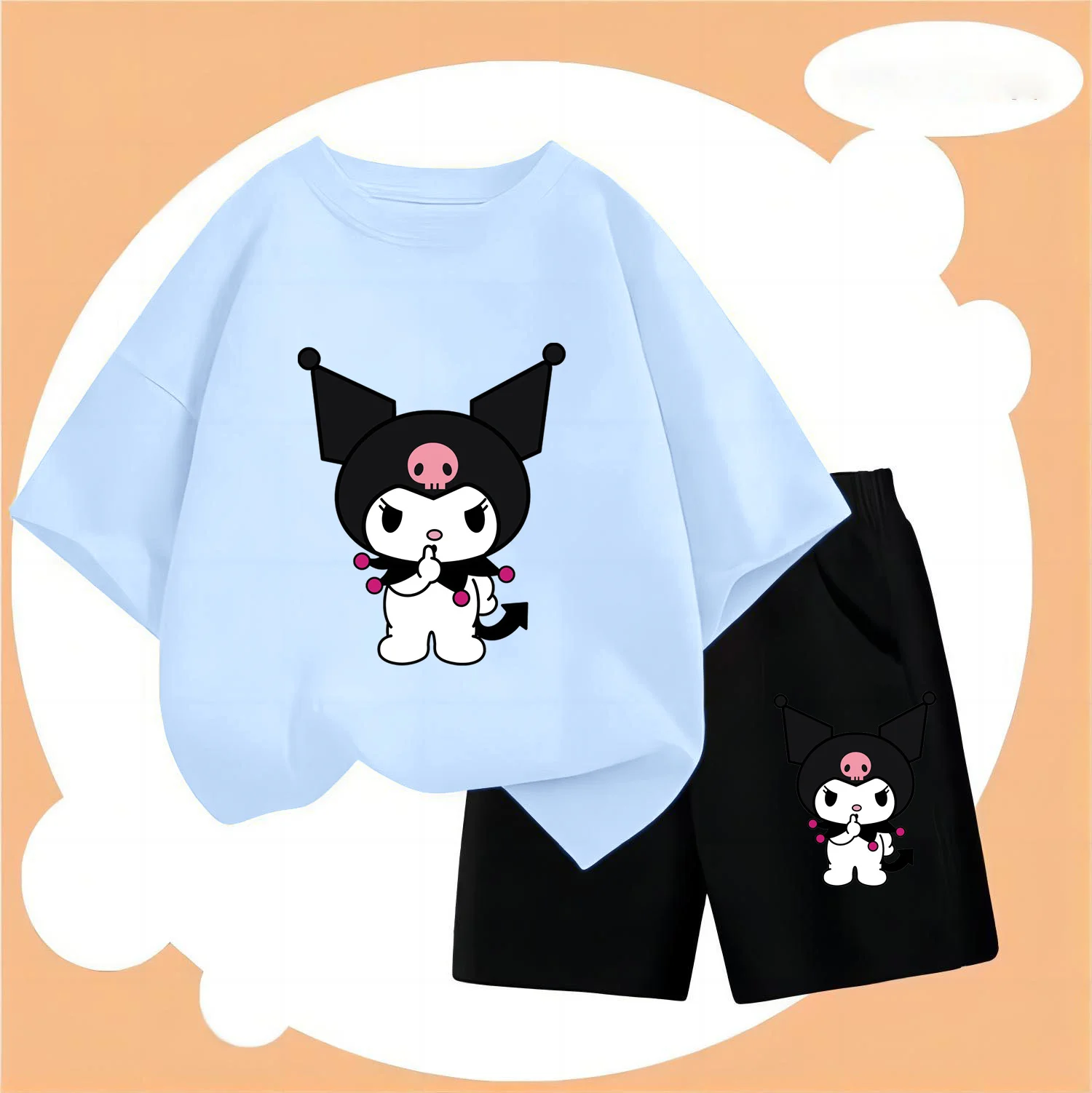 

Sanrio Kids Summer T-Shirt Shorts 2Pc/Sets Anime Kuromi Cinnamorol Cartoon Boys Girl Clothes Tracksuit Sportswear Casual