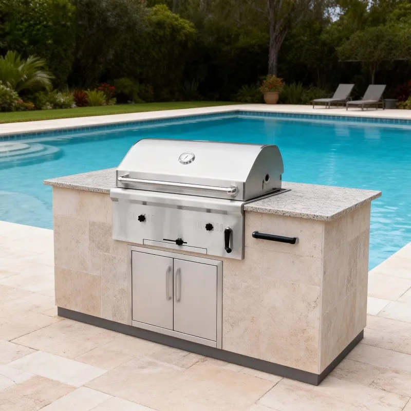 32 Inch Modern Stainless Steel Outdoor Kitchen Charcoal Grill Weatherproof BBQ Island Adjustable Height for Home Use Low MOQ