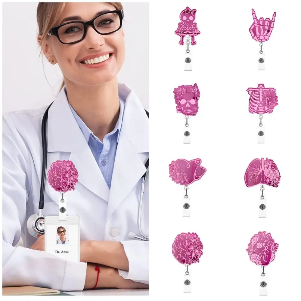 

Skull Nurse Retractable Badge Reel Pink ID Card Clips Name Card Holder 360 Rotating Alligator Clip Work Card Clips