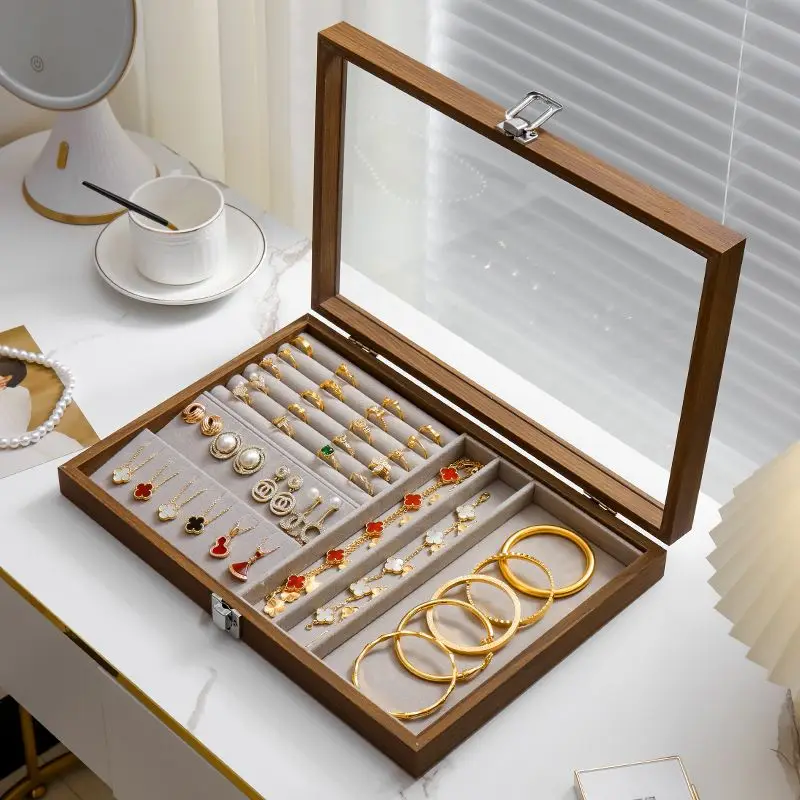 Jewelry Organizer Box Wooden with Glass Lid Anti-Dust, Storage Containers for Necklace Bracelet Ring Earrings, Home Display Case