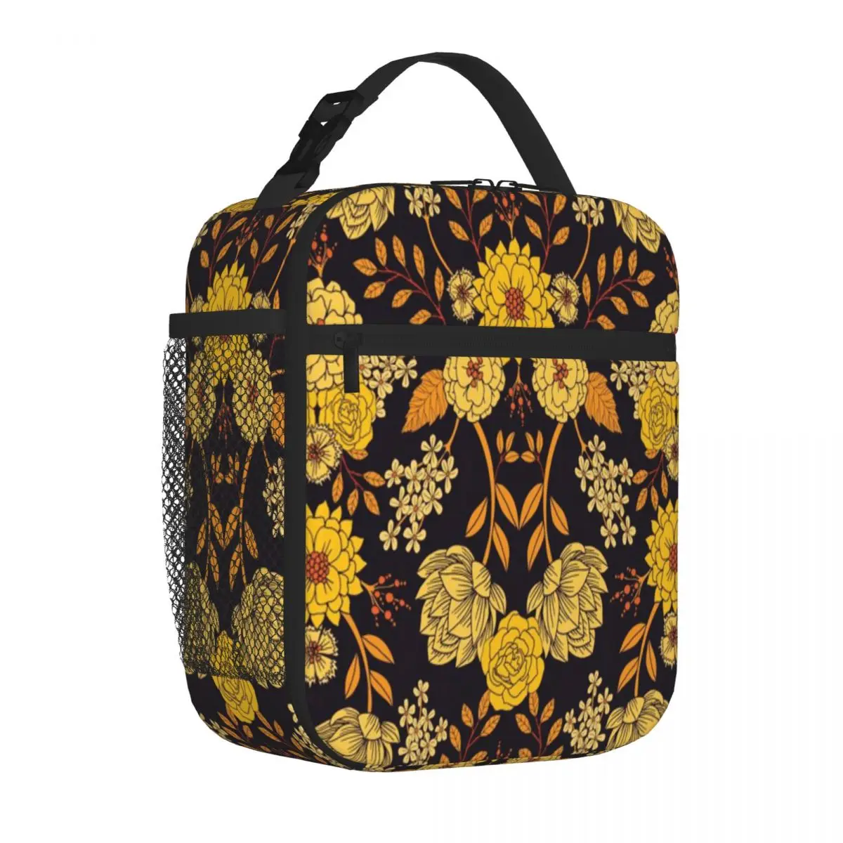 Hot Sale Yellow Orange Navy Blue Dark Floral Pattern Waterproof Surface Bento Bag Roadside Stop Lunch Handbag