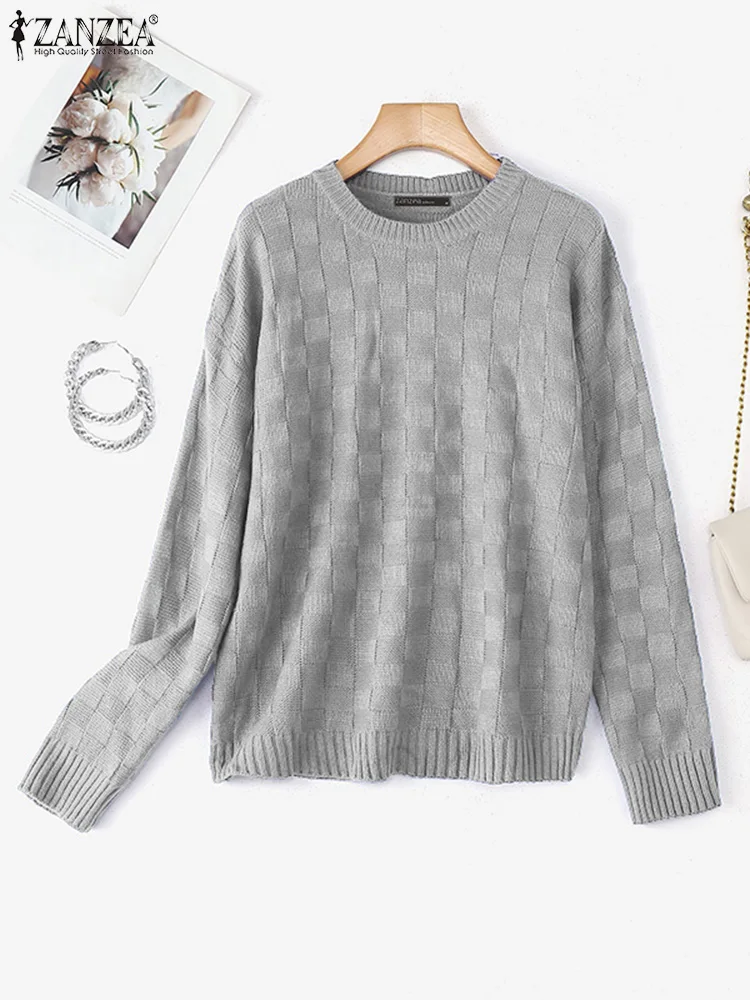 

ZANZEA женский пуловер в клетку, свитер 2025 FW, однотонный вязаный свитер с круглым вырезом и длинными рукавами, уютная повседневная одежда
