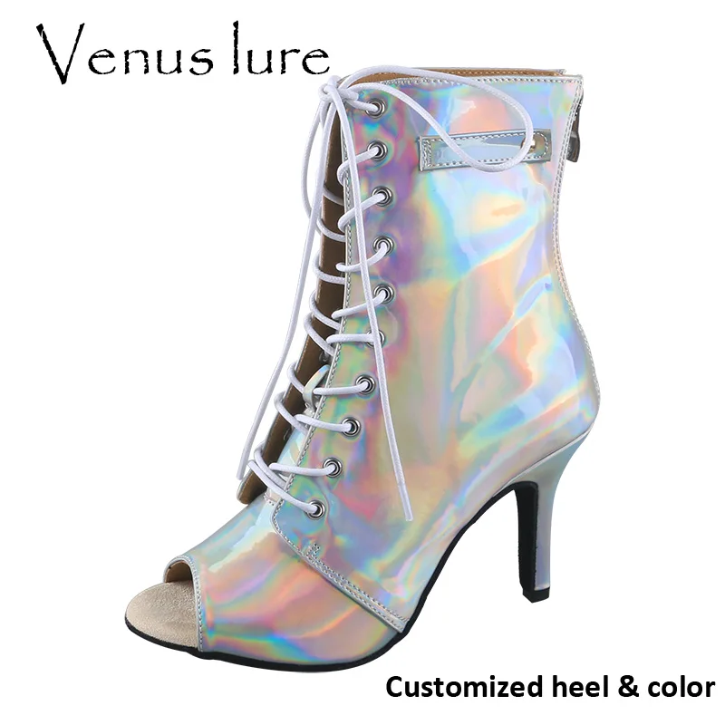 Venus lure Ladies Leatherette 8.5CM Suede Sole Silver Dance Boots Salsa Jazz Dance Shoes Boots