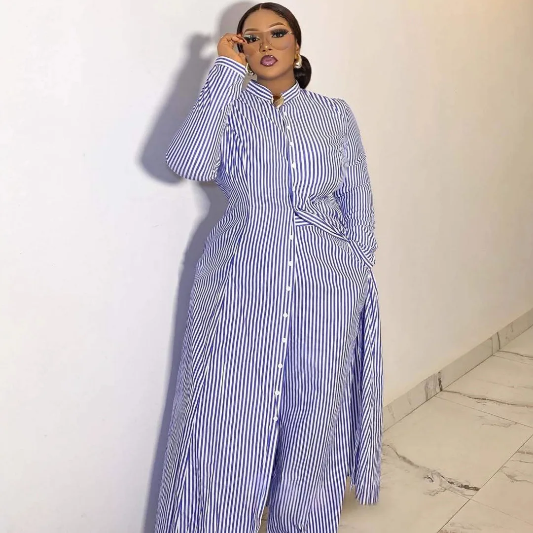 

Pant Set Women Two Piece Sets Stand Collar Full Sleeve Shirt Tops Striped Wide Leg Long Pants High Waist Y2k Streetwear 2026