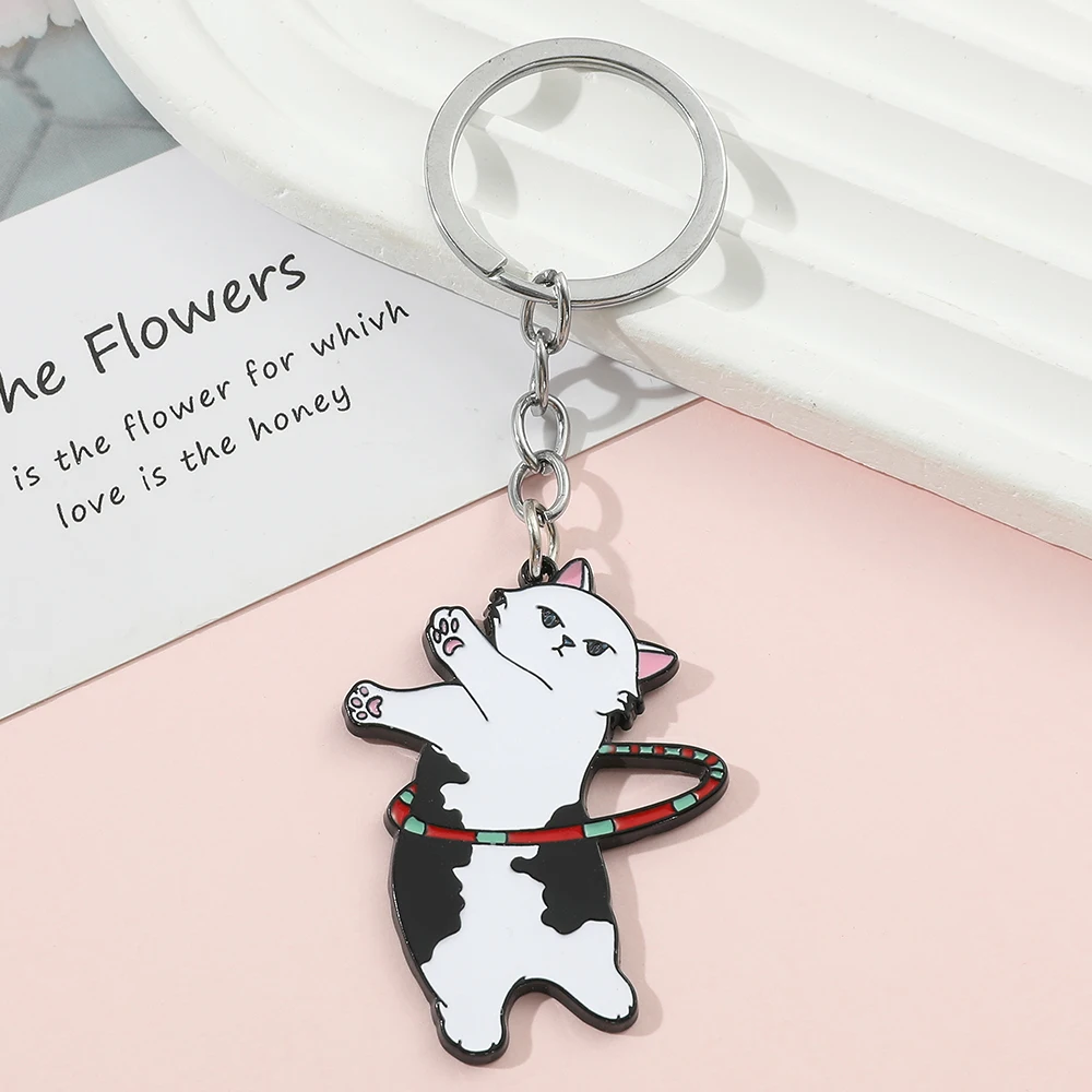 Creative Cartoon Black And White Cat Keychain Hula Hoop Design Metal Pendant Car Backpack Ornament Accessory for Boys And Girls
