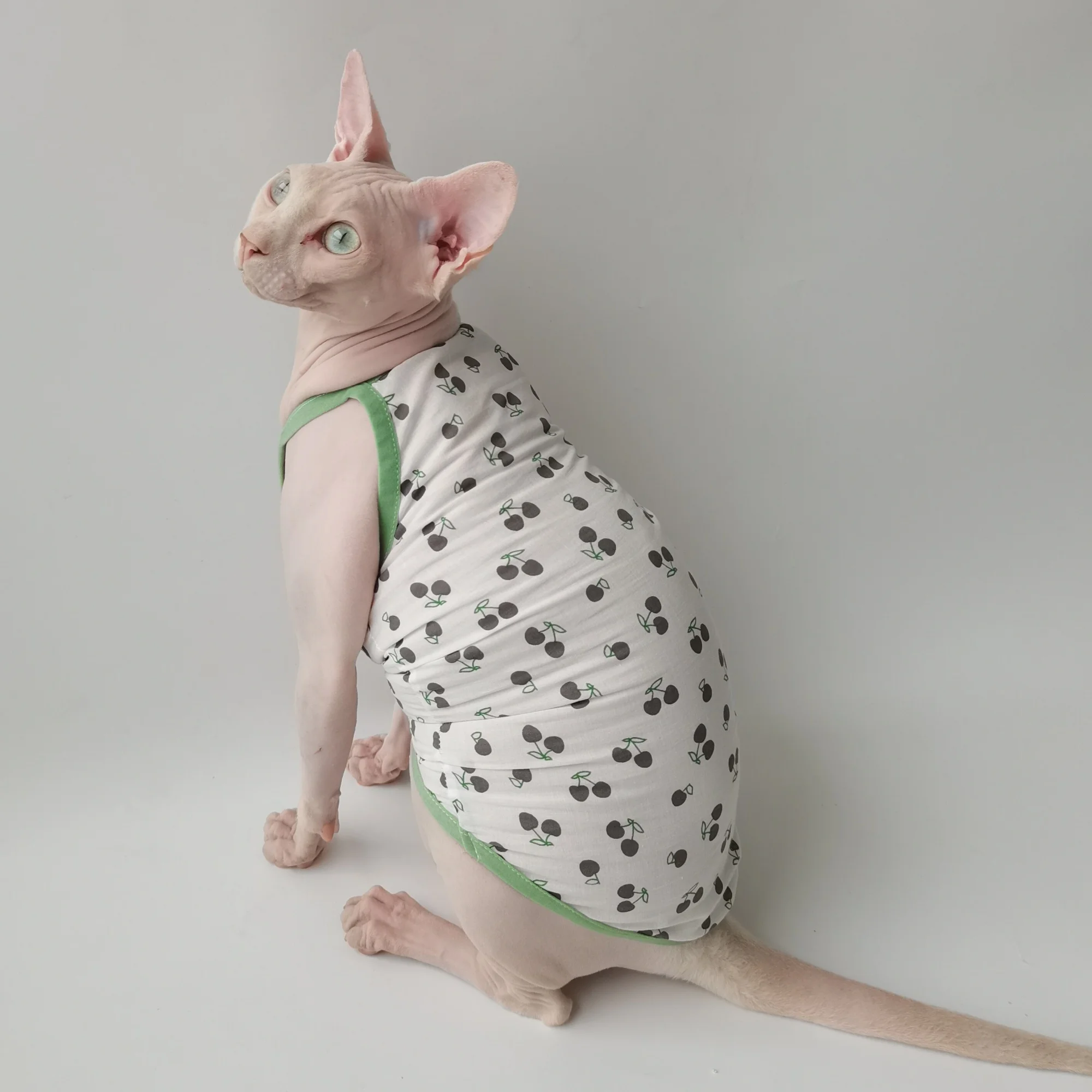Summer Cotton Sweet Cherry Tank Top for Hairless Cat Thin Breathable Vest for Sphinx Cat Soft Pajamas for Pet Cat in Hot Weather