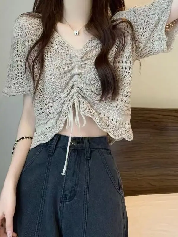 

Ice Silk Knitted ort Sve T-irt Hollow out Design V-Ne Summer Sunade Cover Loose Fit Commute Sle Pure Color