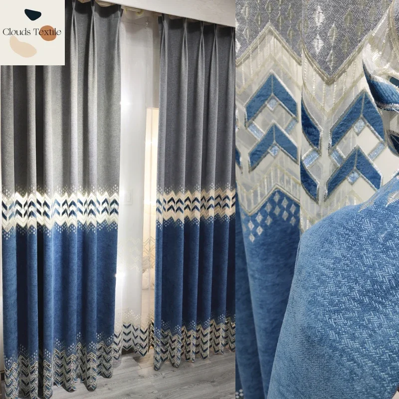 European-Style Embroidered Curtains for Living Dining Room Bedroom Simple Thickened Chenille Hollow Door Curtains Customize