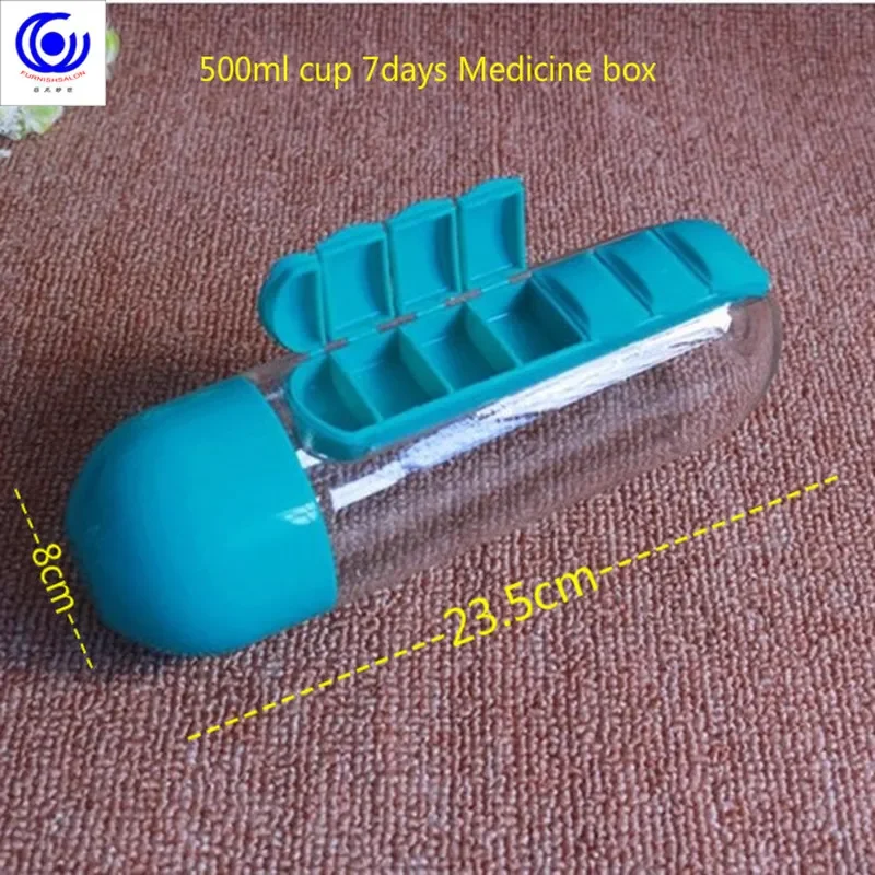 

Portable Multi-functional Pill Box, Detachable Flask, 5-Color, 2-in-1, Creative, 7-Day Drinking Water Bottle, 500ml