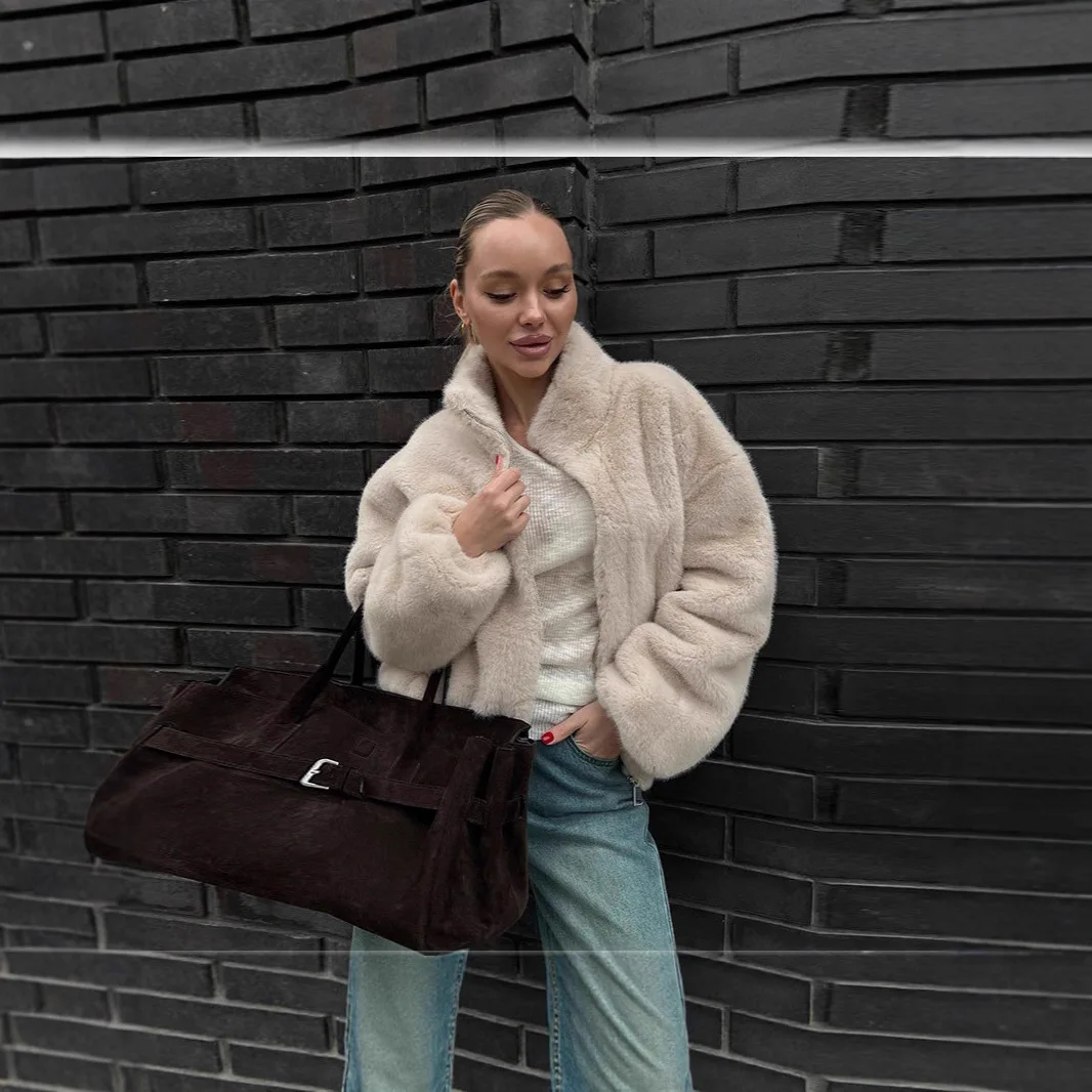 

Осень-зима 2025 г., куртка из искусственного меха с воротником-стойкой, женская короткая плюшевая укороченная куртка на молнии, повседневная верхняя одежда