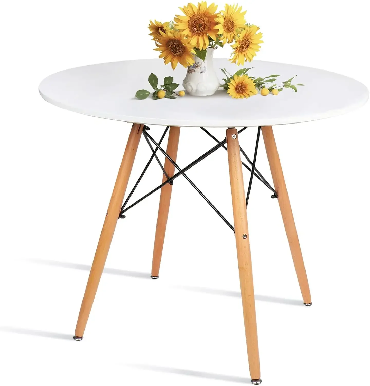 

Round White Dining Kitchen Table Modern Leisure Table 31.5" With Wooden Legs For Office & Conference 2 To 4 People|