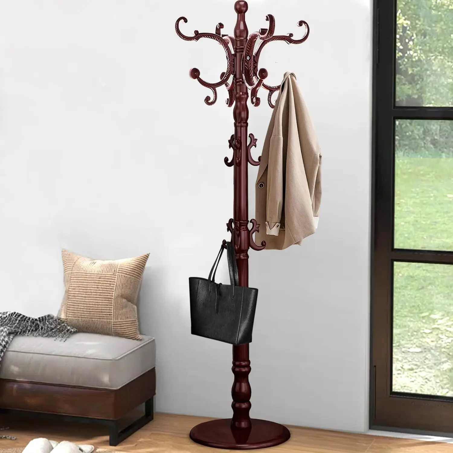 Rack Freestanding, Wooden Coat Tree with Stable Round Base, Vintage Heavy Duty Coat Rack Stand with 14 Hooks, Coat Hanger Stand