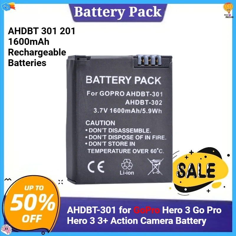 

AHDBT-301 for GoPro Hero 3 Go Pro Hero 3 3+ Action Camera Battery AHDBT 301 201 1600mAh Rechargeable Batteries