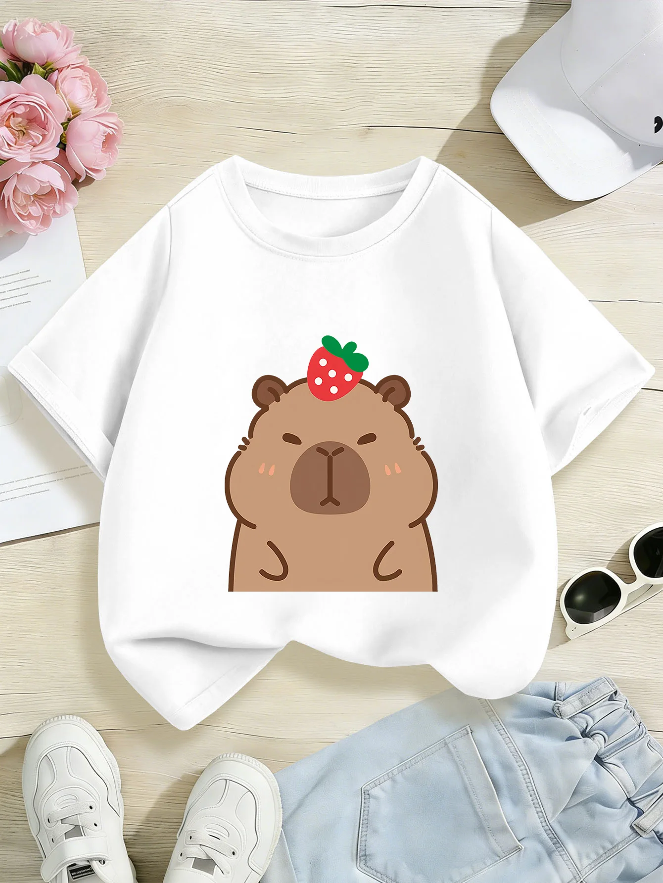 Cute Capybara With Strawberry Graphic Print Kids Tee Boys Girls Family Matching Cotton Crew Neck Short Sleeve Soft Summer Tee