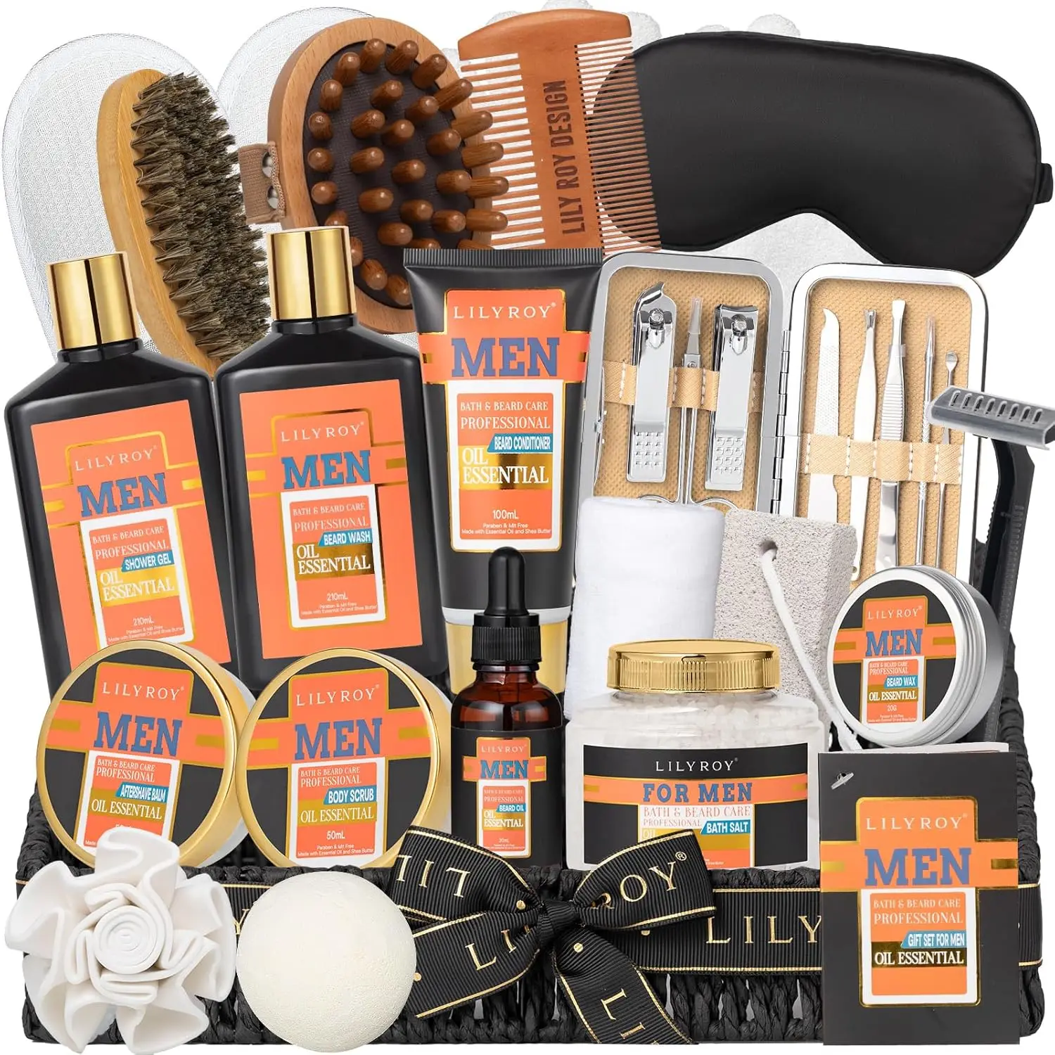 Cesta de regalo de spa para el día del padre de 28 piezas para hombres - Juego de cesta de regalo para baño y cuerpo para papá con masajeador y más | Regalos perfectos para Vale