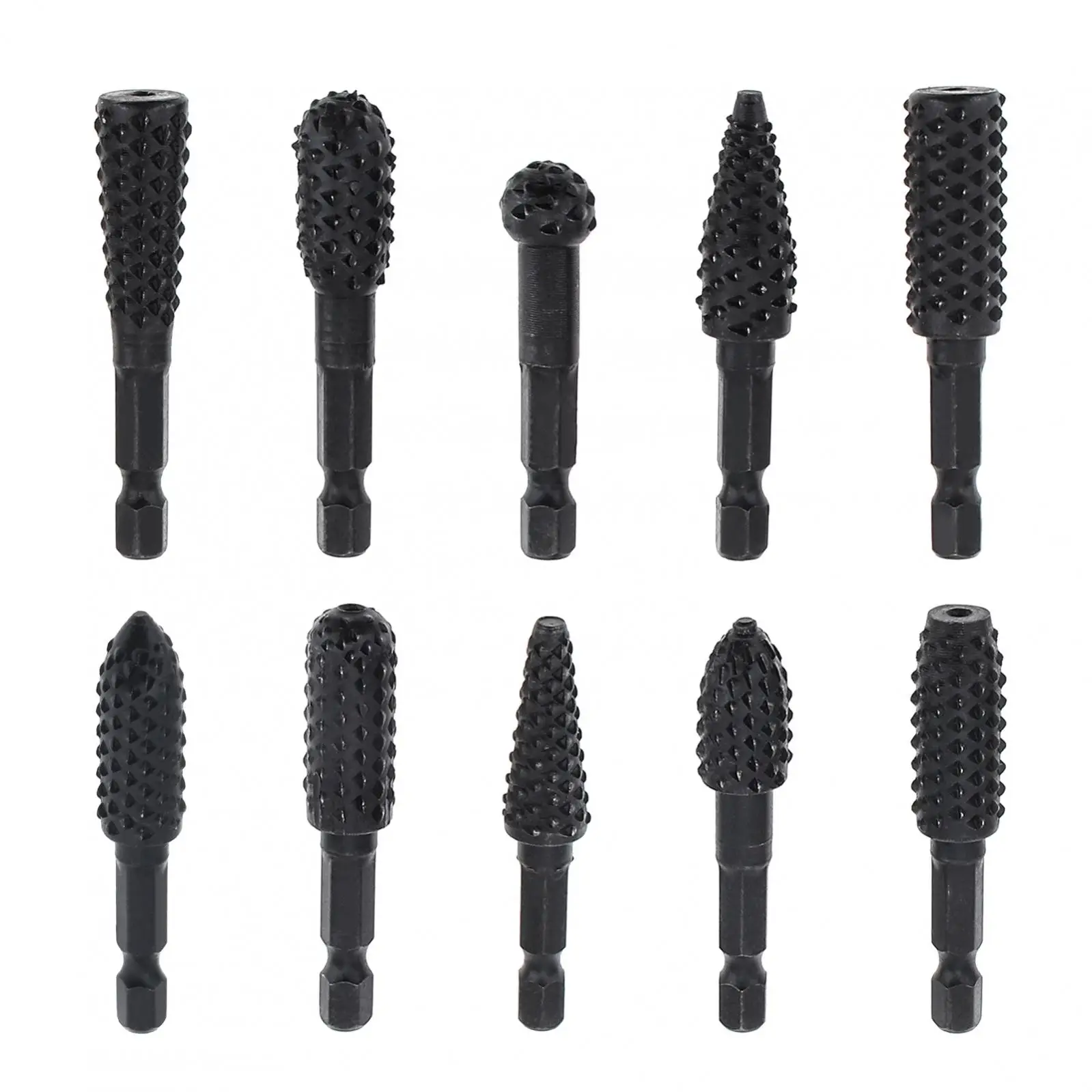 10pcs/set Rotary Burr Wood Carving Rasp Files Set for Deburring / Shaping / Grooving Woodworking Tool with 1/4-Inch Hex Shank
