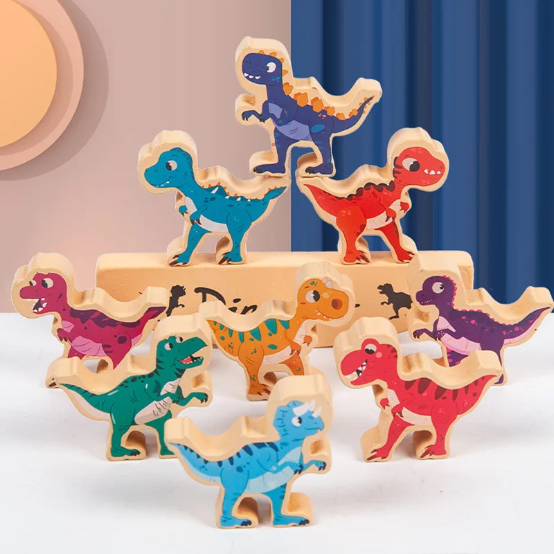 

Montessori Wooden Dinosaur Balance Building Blocks Toys Wood Stacking High Block Interactive Board Games Kids Educational Toys