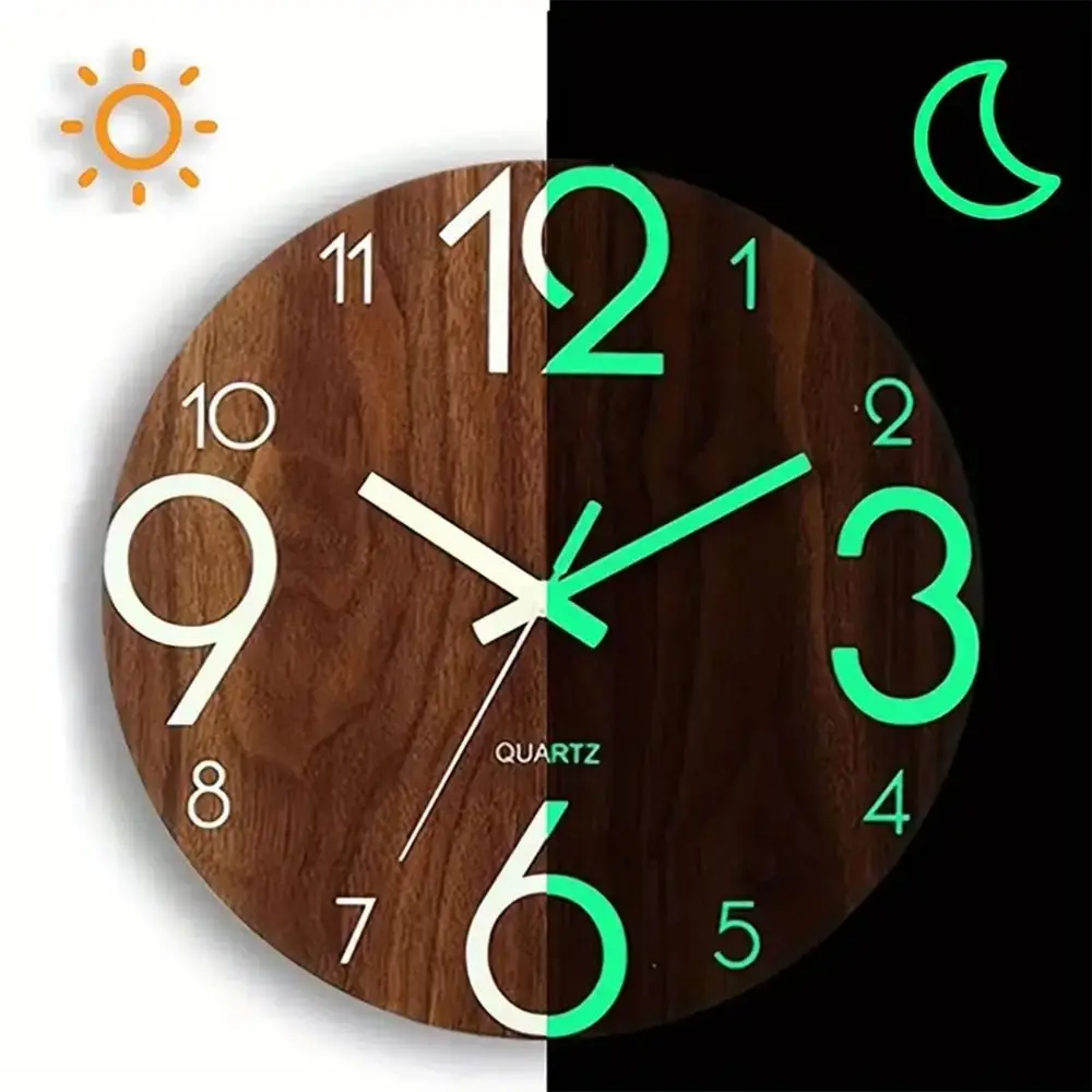 

Silent 12 Inch Luminous Wall Clock Wood Grain Fashion Digital Clock with Night Light Battery Operated Quartz Wall Clock Bedroom