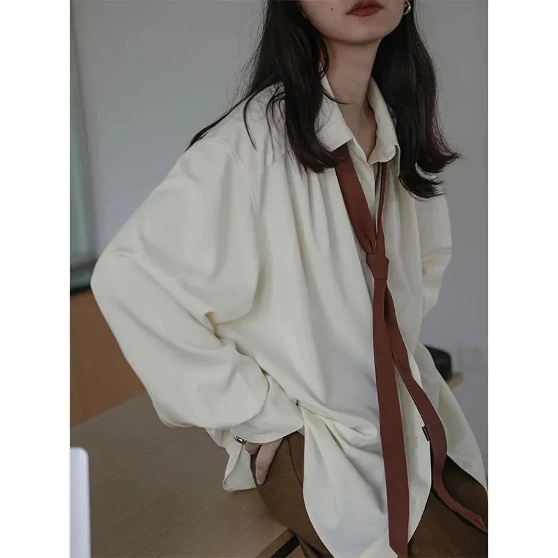 

2025 Spring Long Sleeve Button Up Shirt Women Korean Style Solid Tie Oversize Shirts Blouse Loose Clothes Autumn Tops
