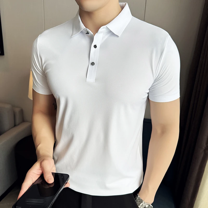 Polo da uomo ad alta elasticità 2024 estate leggera sottile seta di ghiaccio senza cuciture tinta unita Casual Slim Fit t-Shirt moda uomo abbigliamento