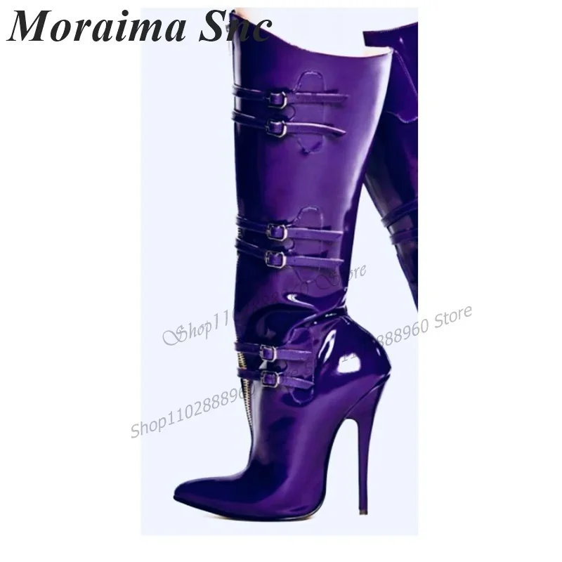 Sexy violet en cuir verni ceinture boucle décor bottes mince talon haut femmes chaussures avant fermeture éclair bout pointu 2023 Zapatos Para Mujere