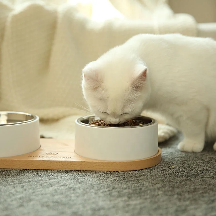 

Stainless Steel Lining Wood Base Double Pet Food Water Bowl For Dogs And Cats