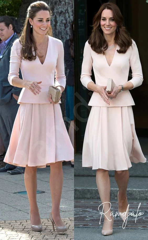 

Short Mother Of The Bride Dresses Pink Long Sleeves Princess Kate Middleton V Neck Peplum A-Line Knee Length Wedding Guest Gowns