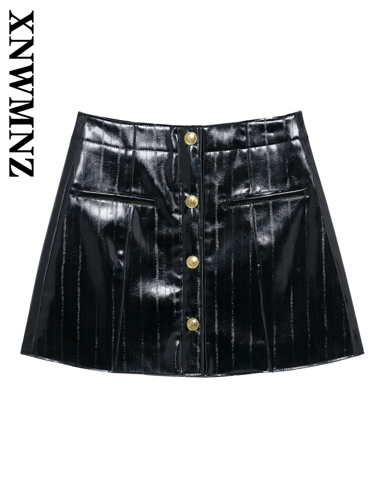 XNWMNZ 2025 Autumn New Lady Party Imitation Leather Leather Skirt A-lineskirt Casual Spring Female High Waist Mini Skirt Bottoms