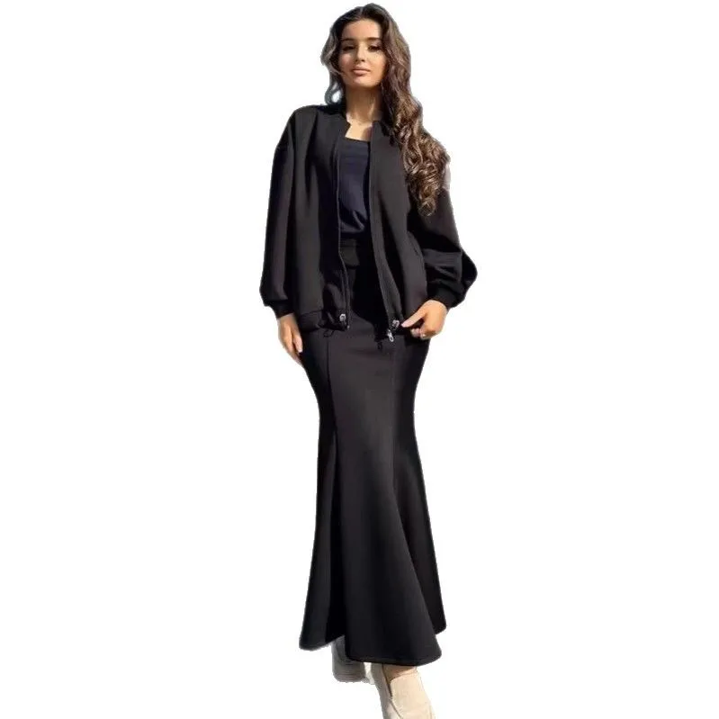 

2025 New Fashion Zipper Hip Cardigan + Skirt Two-piece Sets Women Autumn Refreshing And Elegant Home Long Skirt Set For Women