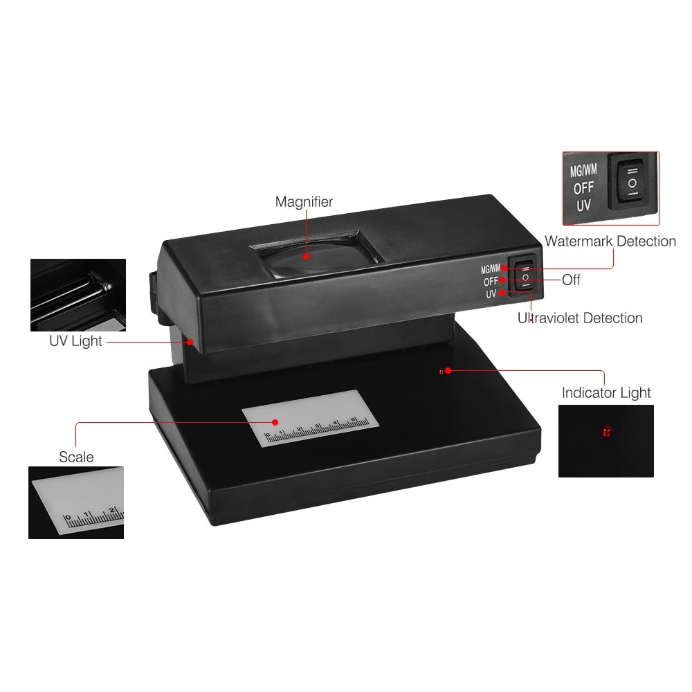 Portable Desktop Counterfeit Bill Detector Cash Currency Banknotes Notes Checker Machine Support Ultraviolet UV and Watermark