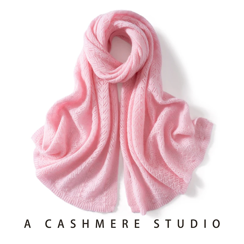 

2026 New 100% Cashmere 165*50 Women's Knitted Scarf Autumn Soft Solid Scarf Winter Warm Solid Hollow-out Scarf